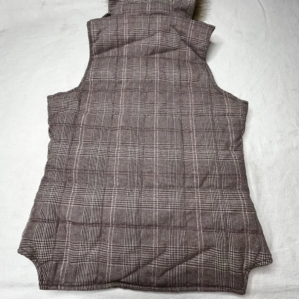 Charlotte Russe Plaid Puffer Vest Faux Fur Hood Brown S Snap Full Zip Pockets - Picture 10 of 16